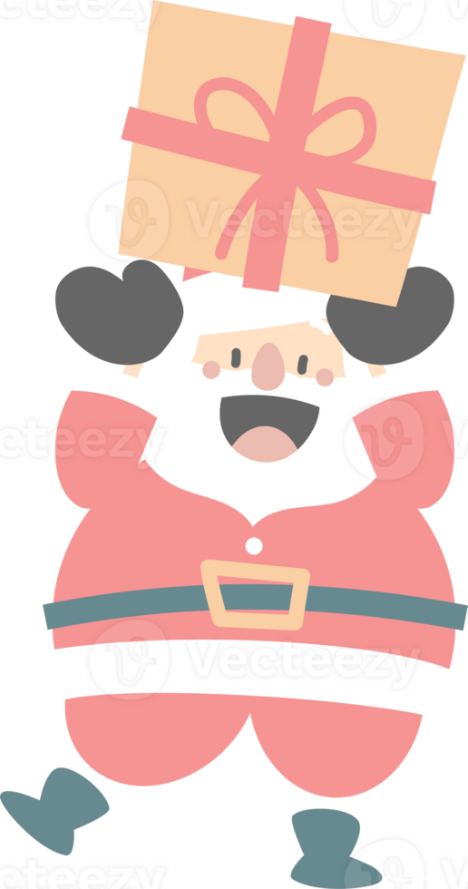 merry christmas and happy new year with cute santa claus and present gift box, flat png transparent element cartoon character design