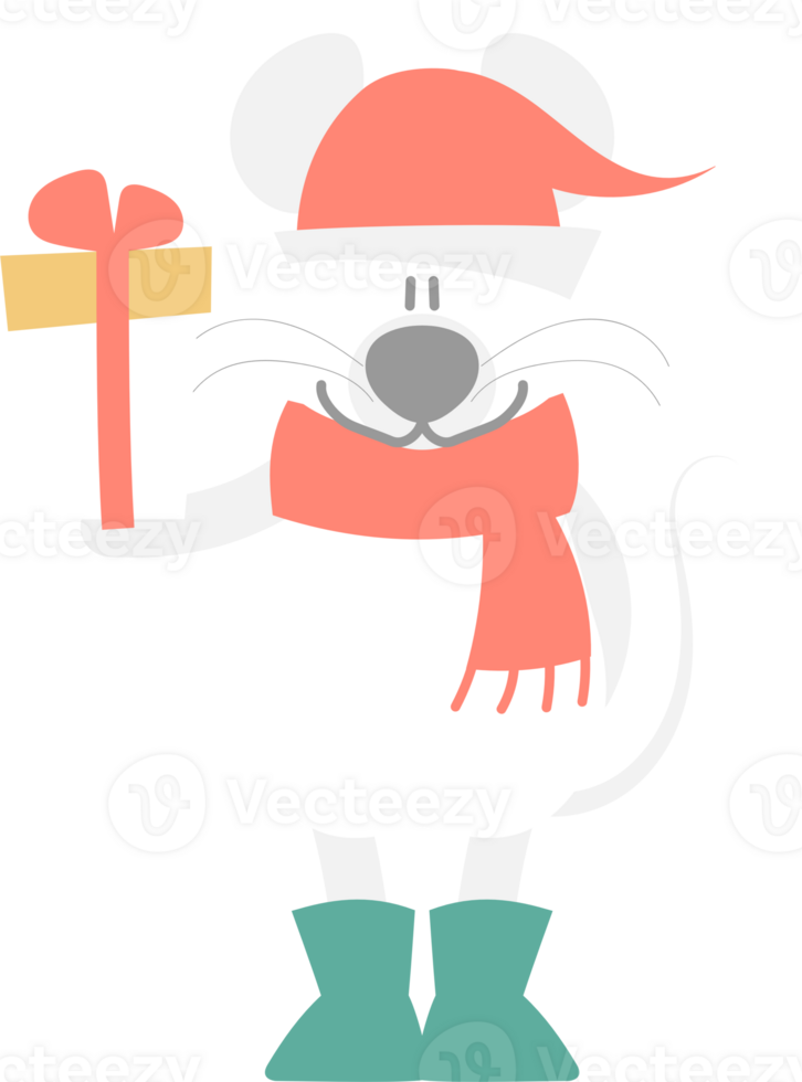 merry christmas and happy new year with cute rat mouse and gift, flat png transparent element cartoon character design