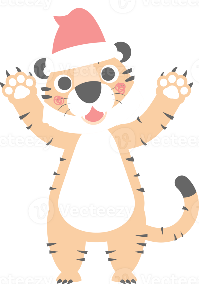 merry christmas and happy new year with cute tiger, flat png transparent element cartoon character design