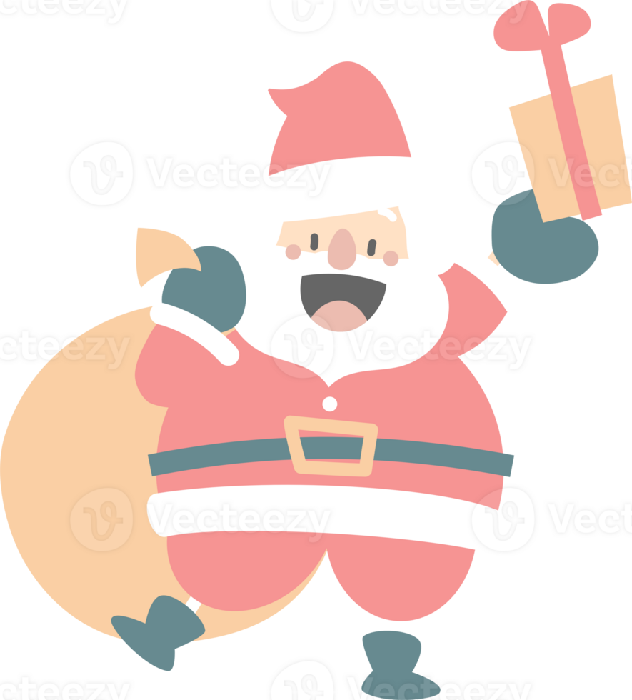 merry christmas and happy new year with cute santa claus and gift box, flat png transparent element cartoon character design