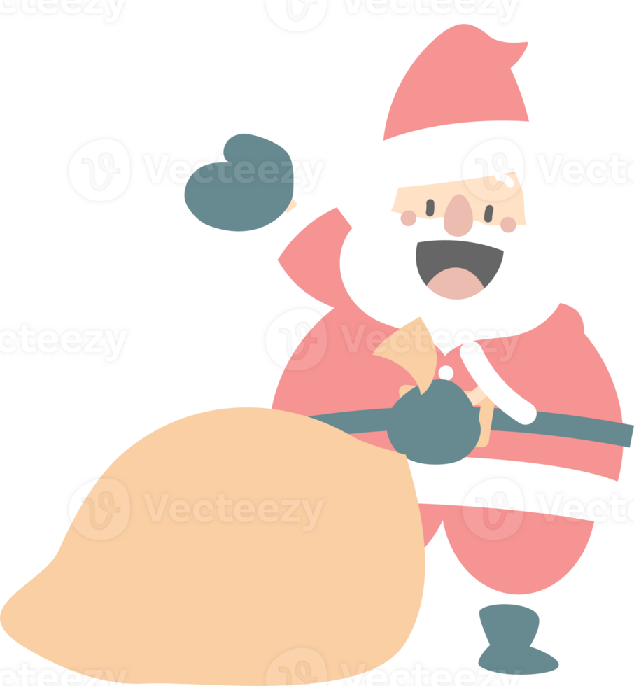 merry christmas and happy new year with cute santa claus and bag, flat png transparent element cartoon character design