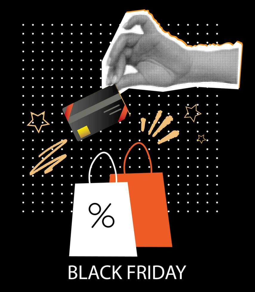 Black Friday Sale. Banner, poster, logo halftone collage elements on dark background in dotted pop art style vector