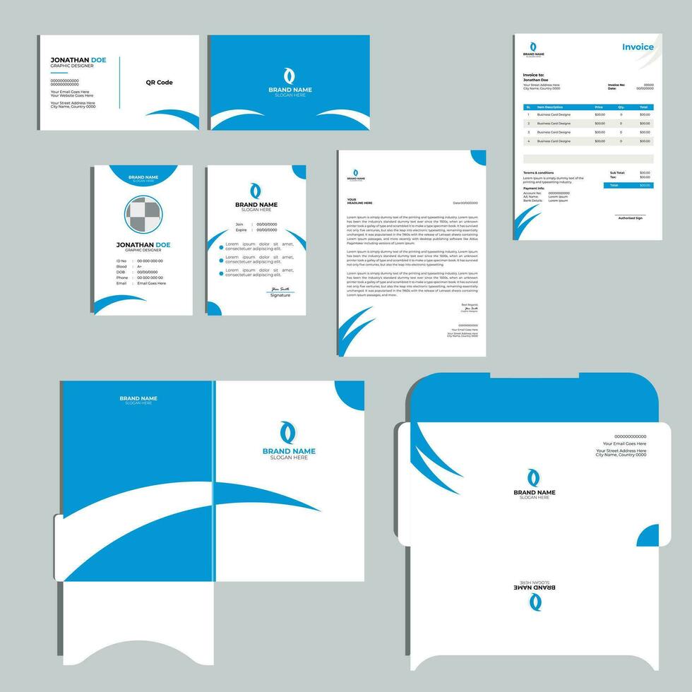Brand Identity Mock-Up of stationery set with Blue and white abstract geometric design. Business office stationary mockup template vector