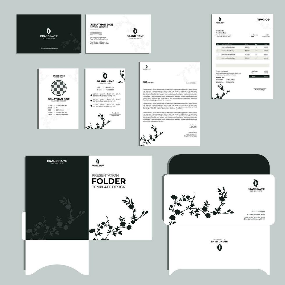 Creative branding identity design. Stationery mockup vector megapack set. Template for industrial or technical company. Business Card, Id Card, Invoice, Envelope, Folder, LetterHead Vector Design.