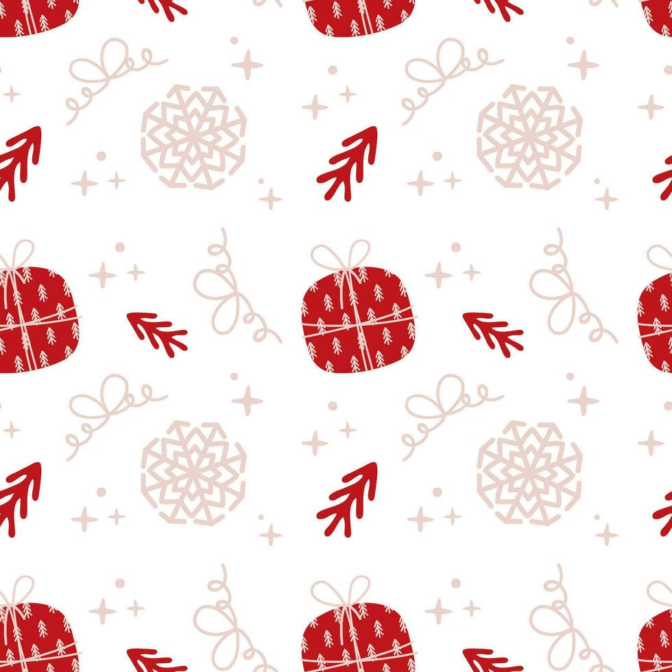 Seamless Christmas pattern with gift box, snowflake, Christmas tree and bow. Winter holidays vector pattern on white background. Perfect for wrapping paper and textile