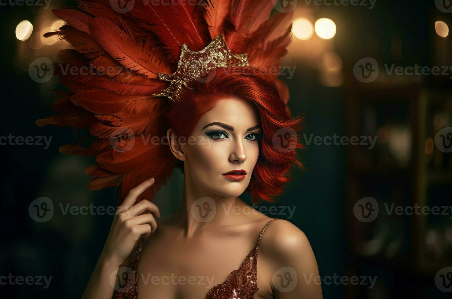 AI generated Radiant red haired woman posing with ruby feathers crown. Generate ai photo