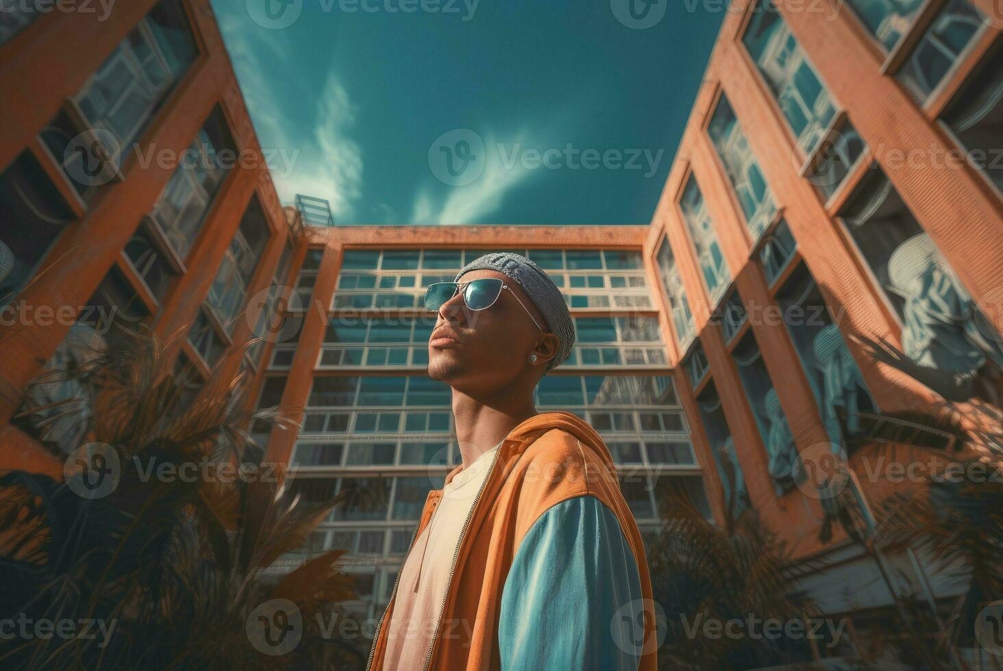 ai generado rap hombre con Gafas de sol posando en ciudad arquitectura. generar ai foto