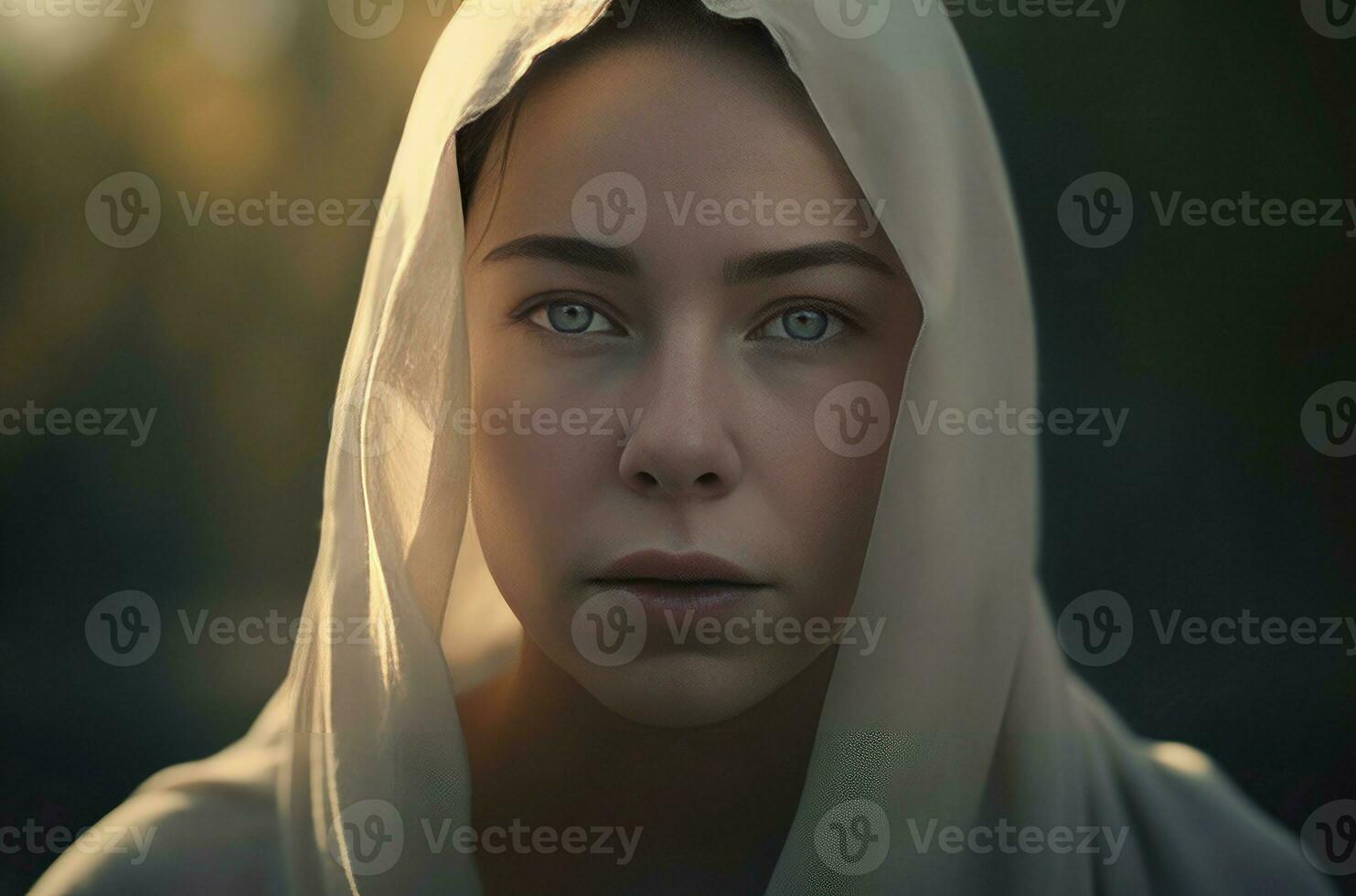 AI generated Enchanting woman with white scarf on head. Generate ai photo