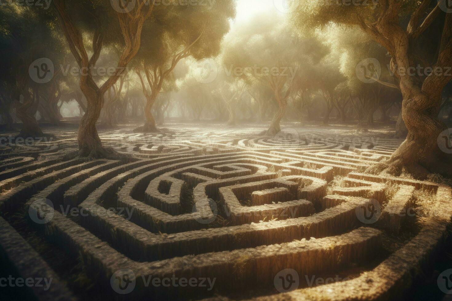 ai generado laberinto bosque árbol en medio a puesta de sol noche. generar ai foto