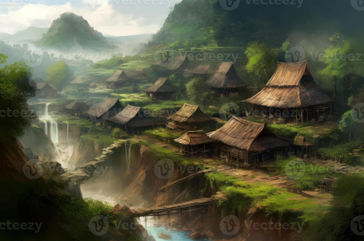 AI generated Oriental village digital art. Generate AI photo