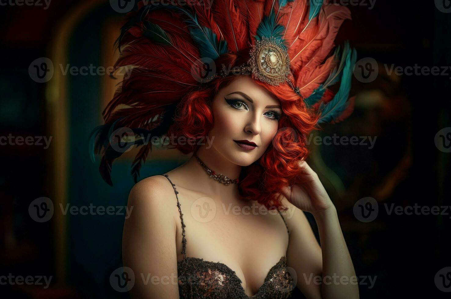 AI generated Vogue woman posing with red hair decorated with feathers. Generate ai photo