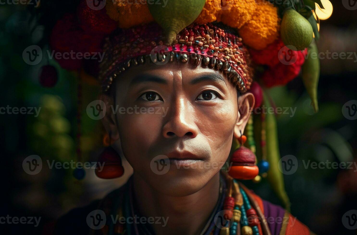 AI generated Stereotypical Thai male with colorful traditional clothing. Generate ai photo