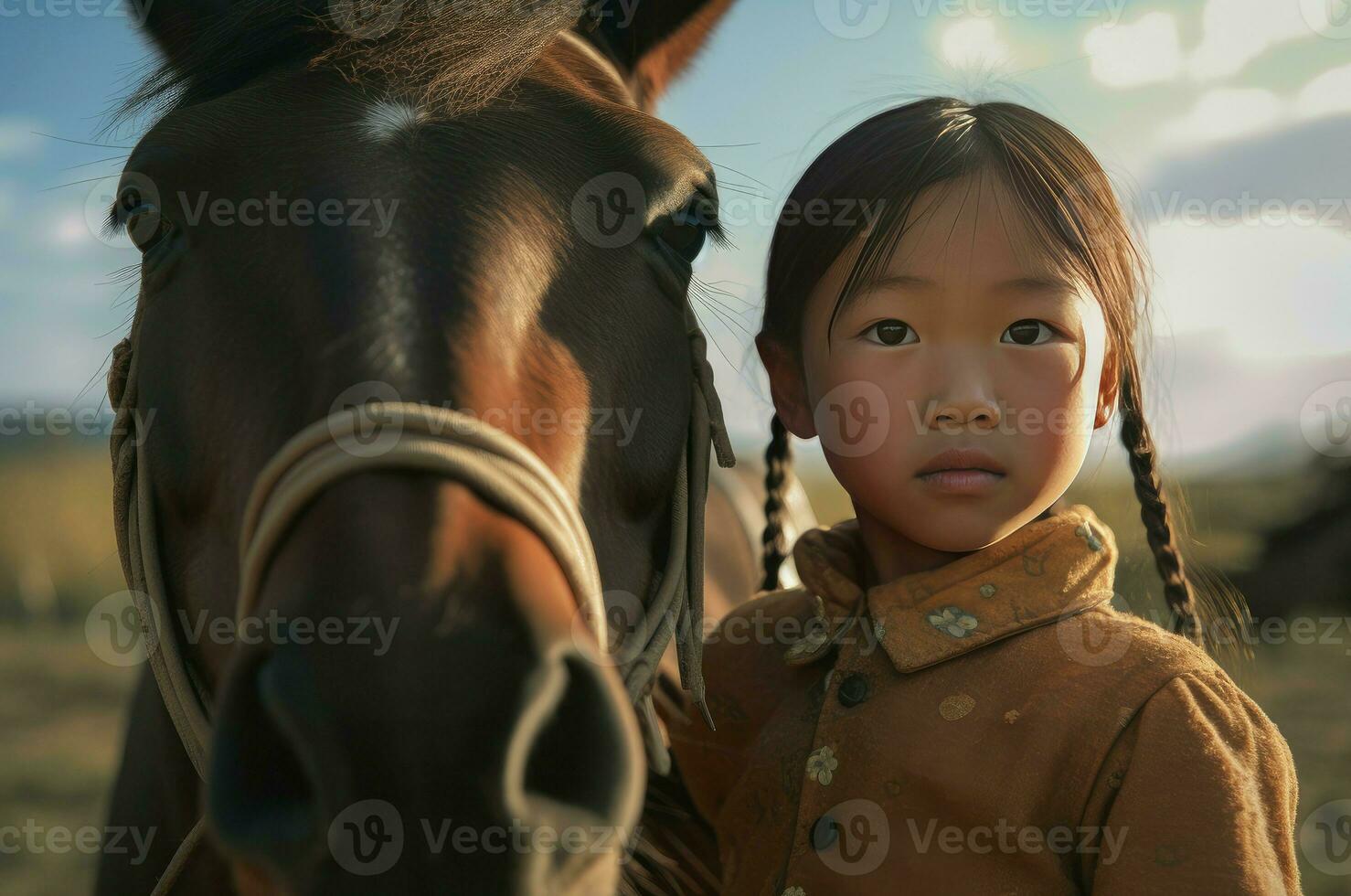 AI generated Little girl with pastoral horse portrait. Generate ai photo