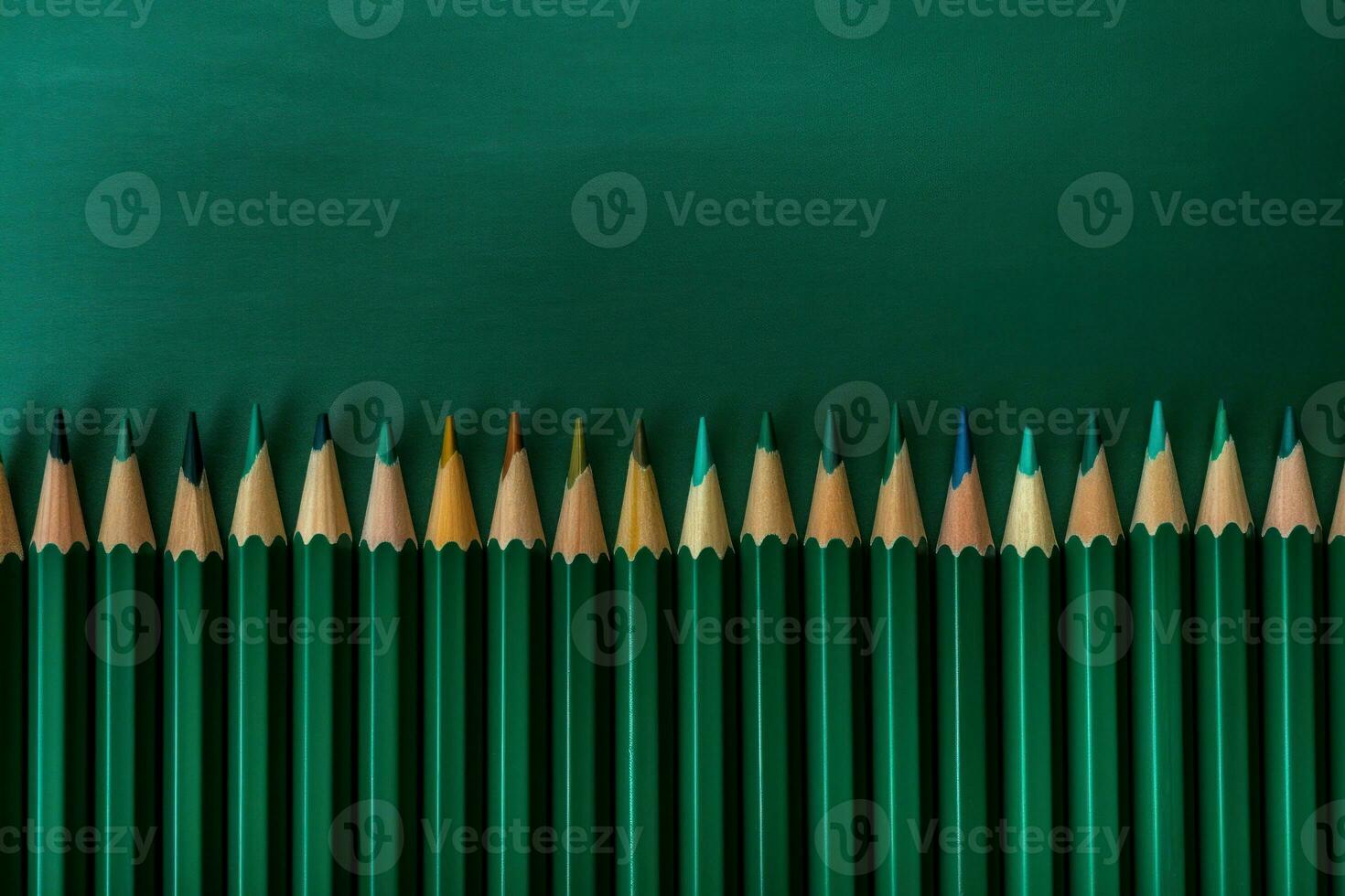 AI generated Green colorful pencils row on emerald background. Generate ai photo