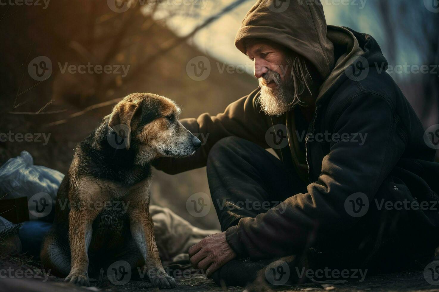 AI generated Homeless man with homeless dog. Generate ai photo