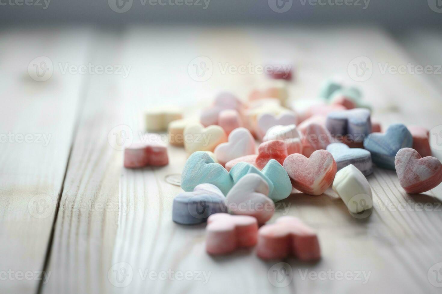 AI generated Heap of candy colorful hearts on table. Generate ai photo