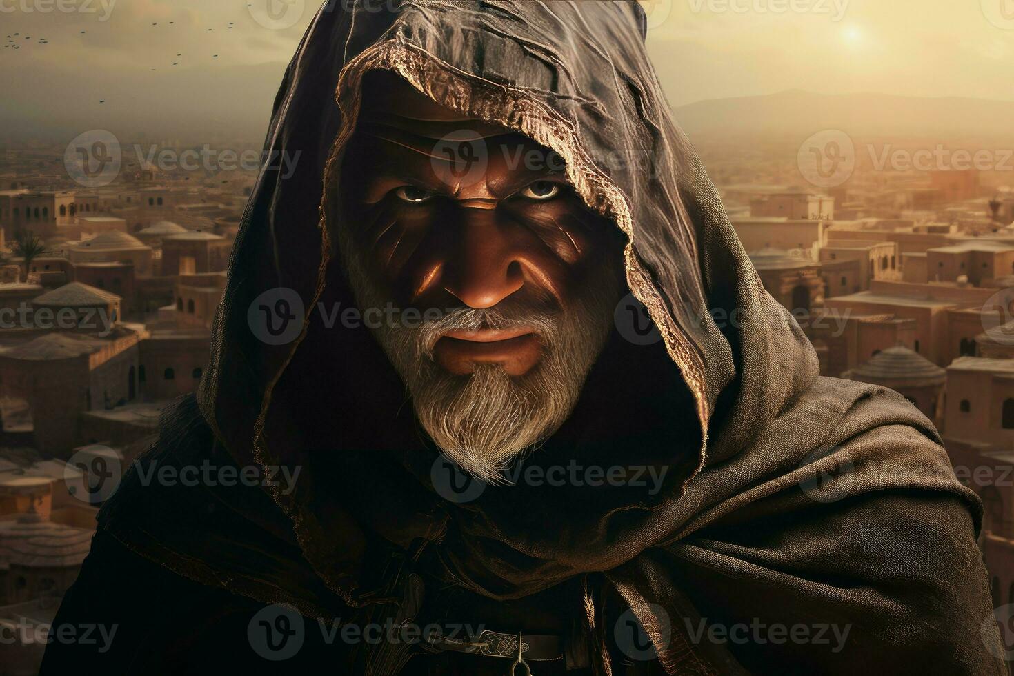 AI generated Unyielding Hooded old warrior. Generate Ai photo