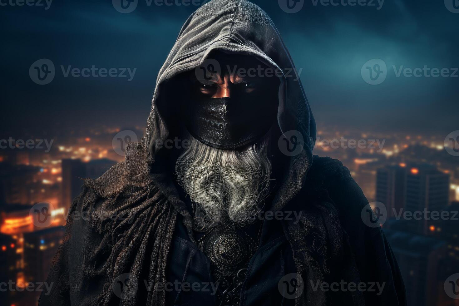 AI generated Fearsome Hooded old warrior. Generate Ai photo