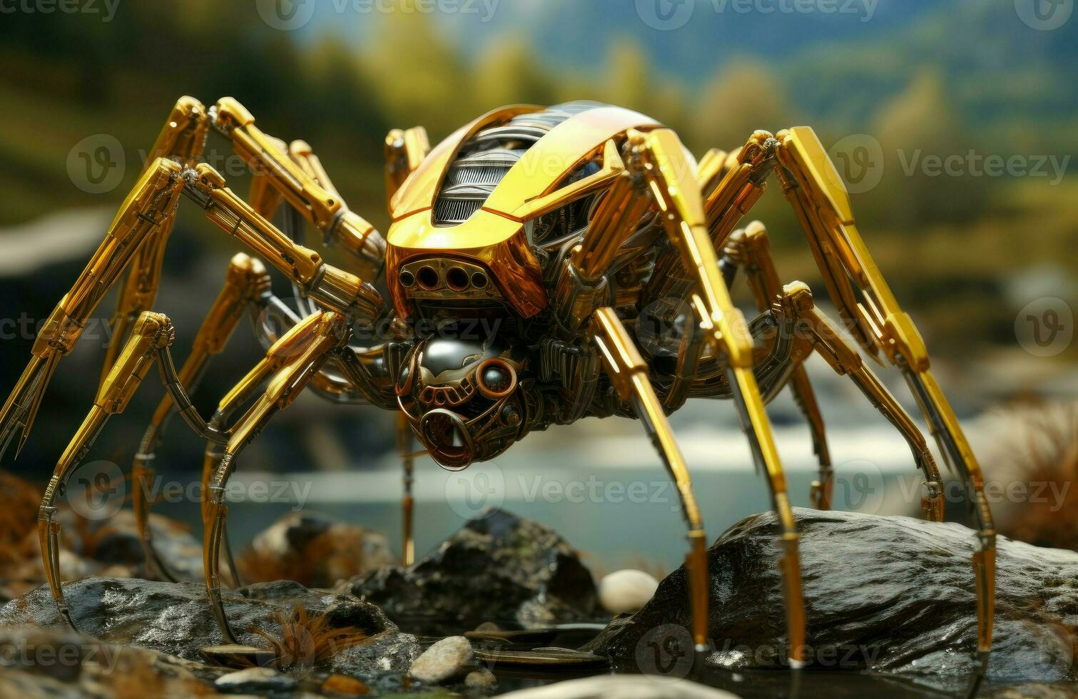 AI generated Intricate Golden spider robot. Generate Ai photo