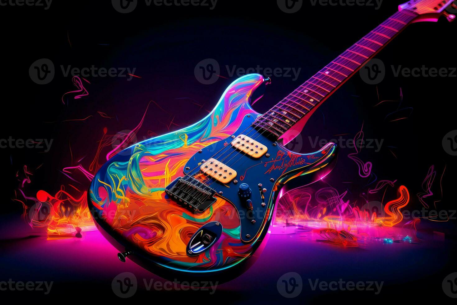 AI generated Colorful Guitar neon. Generate Ai photo