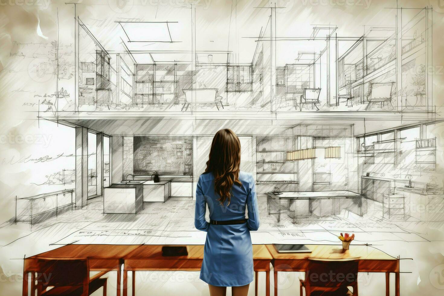 AI generated Artistic Architect house plan drawing. Generate AI photo