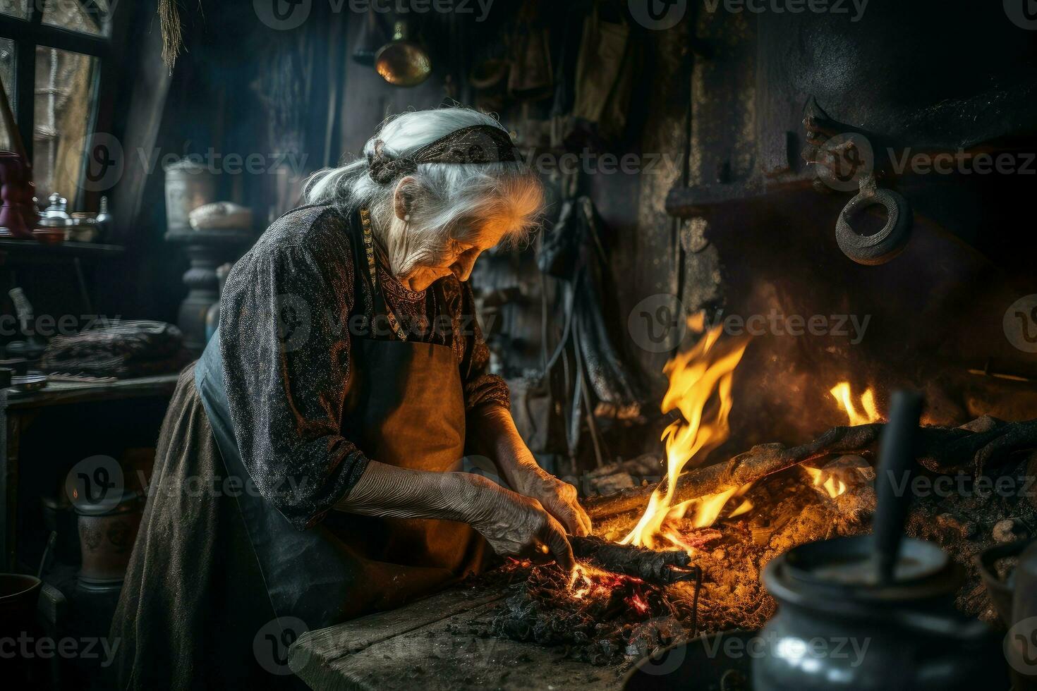 AI generated Experienced Blacksmith old woman work forge. Generate Ai photo