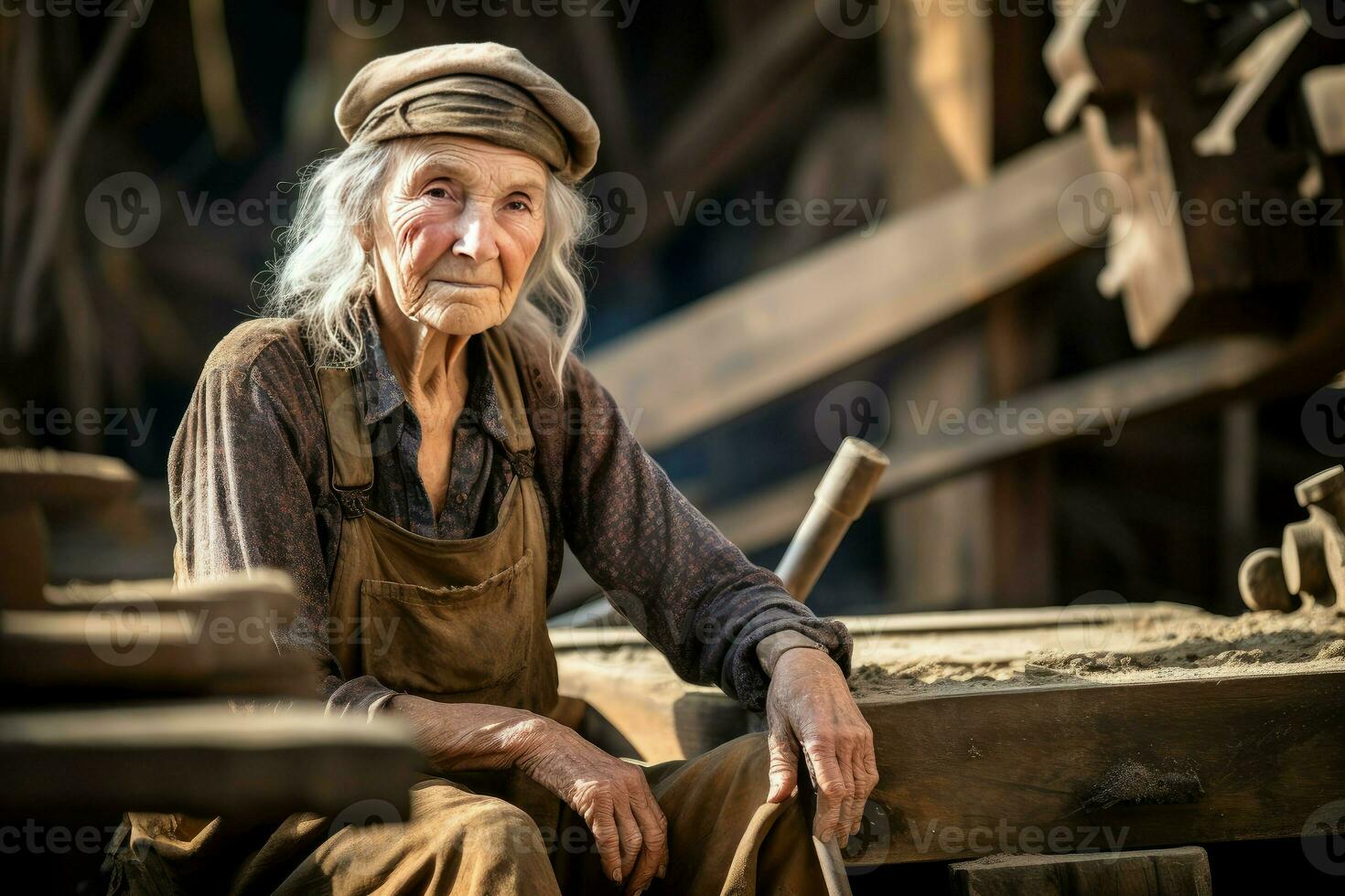 ai generado industrioso carpintero antiguo mujer aserradero. generar ai foto