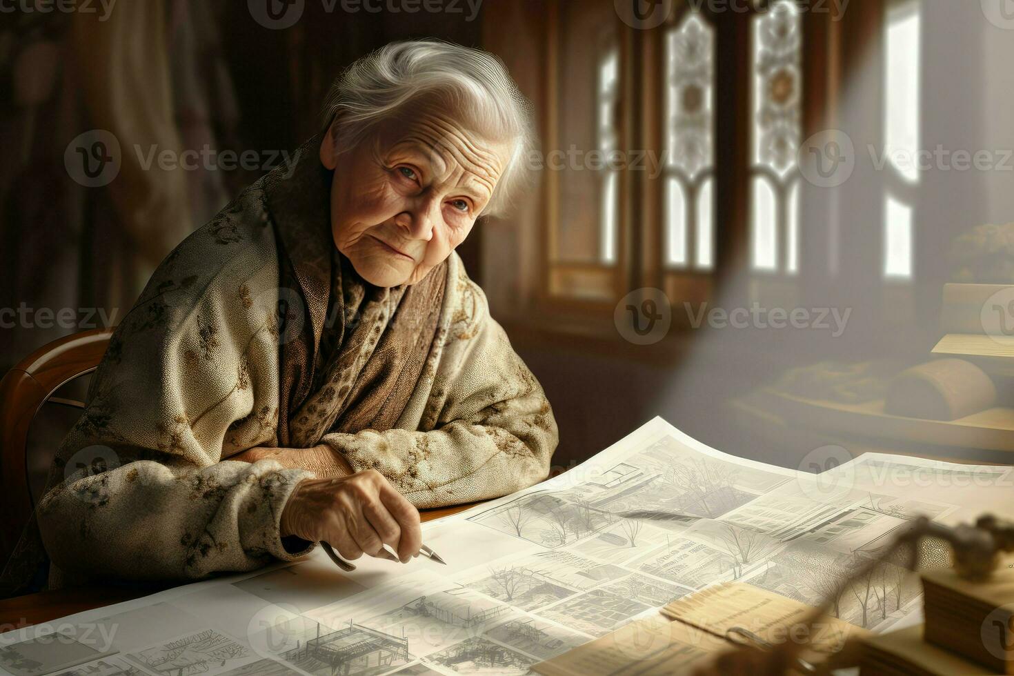 AI generated Sophisticated Architect house plan old woman. Generate AI photo