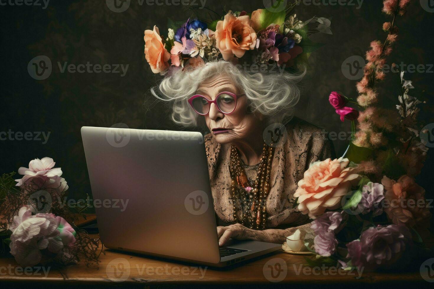 AI generated Tech-savvy Computer old woman blogger. Generate Ai photo