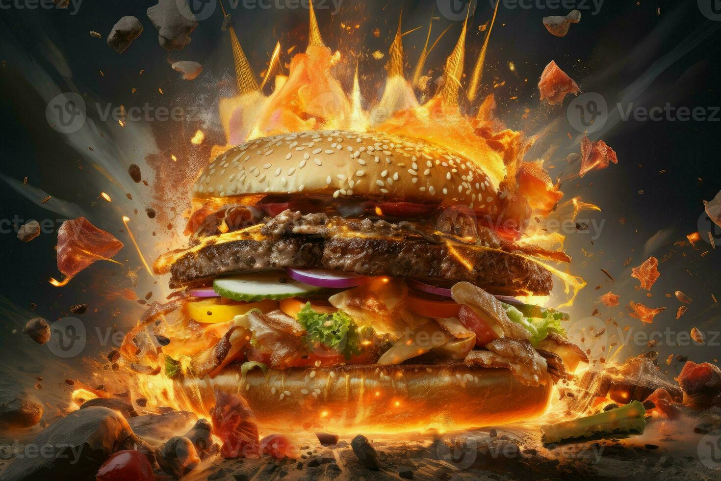 AI generated Messy Hamburger explosion. Grilled meal bun photo