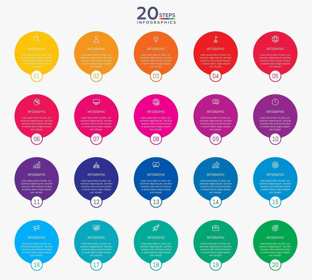 Infographic template with 20 circle options for presentation and data visualization. Business process chart. Diagram with twenty steps to success vector