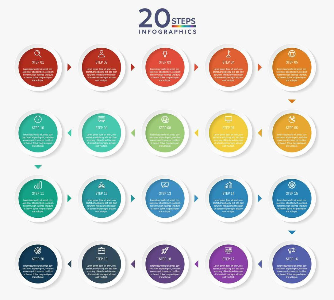 Infographic template with 20 circle options for presentation and data visualization. Business process chart. Diagram with twenty steps to success vector