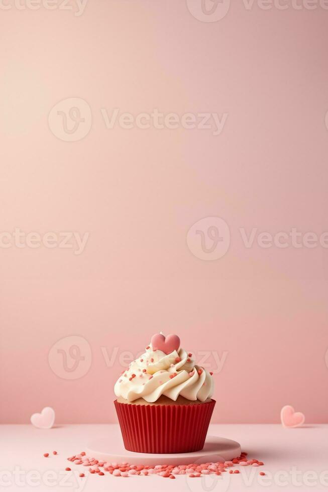 AI generated Valentines Day Mockup Featuring a Cupcake with a Heart Shaped Topper in Vanilla, Strawberry Pink, and Chocolate Hues photo