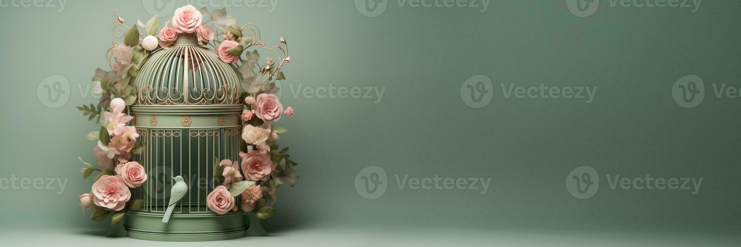 AI generated Vintage Brass Lovebird Cage Adorned with Floral Vines and Highlighted by Soft Pink Roses and Sage Greenery   Valentines Day Inspired Display Mockup photo