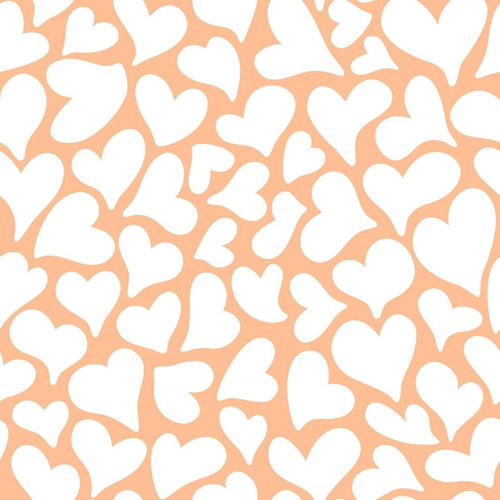 Seamless pattern with romantic white hearts. Trendy peach fuzz color background. Valentine's day, wedding, mother's day background. Vector illustration