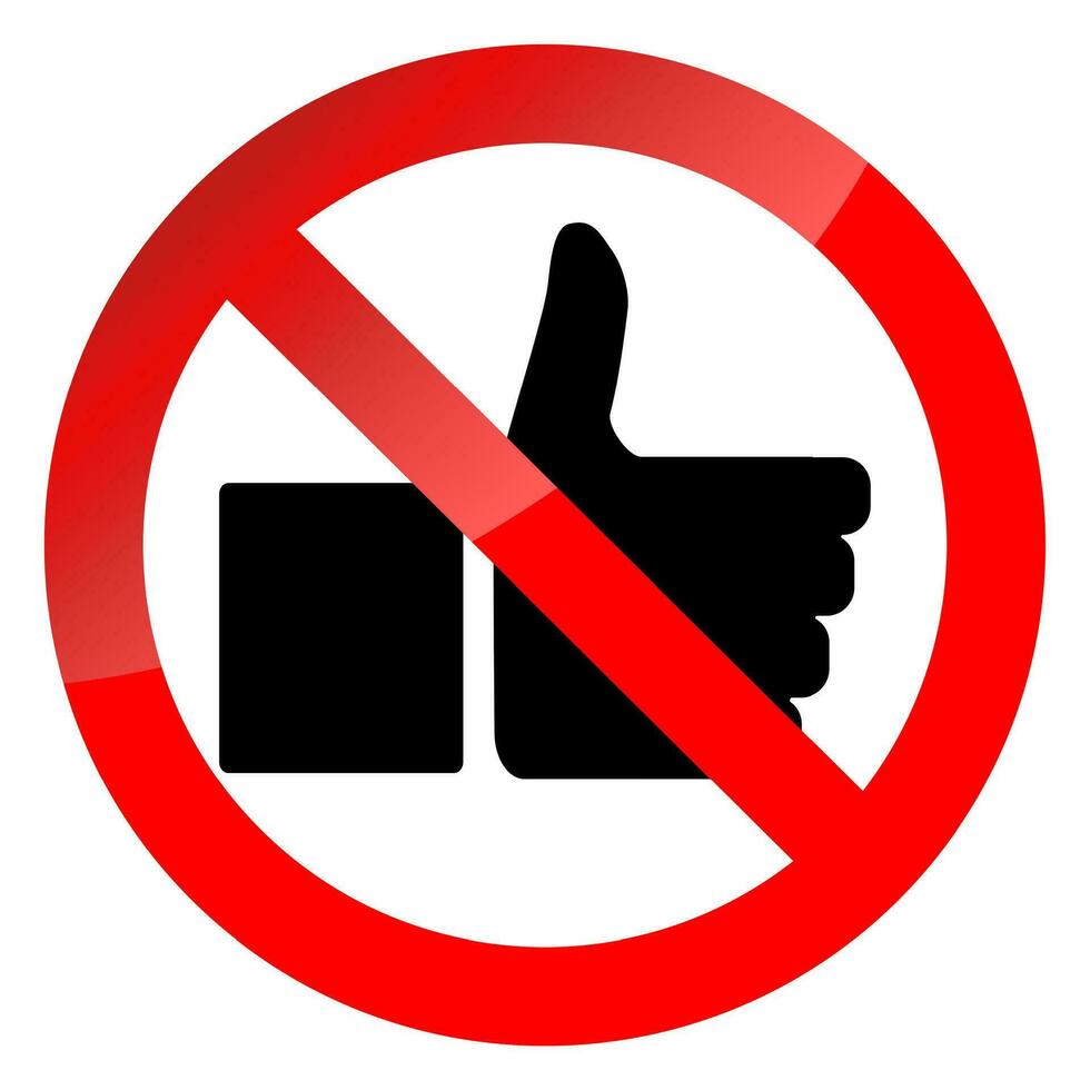 Prohibition of social networking symbol. Ban like thumb up, bad habit and behavior. Prohibition and forbidden warning, no thumb up, vector illustration