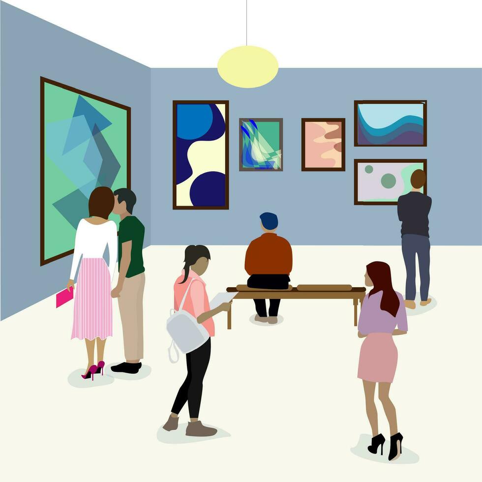 Visit gallery, woman looking at modern painting, art gallery wall, art exhibition event. Vector museum gallery, art abstract exposition illustration