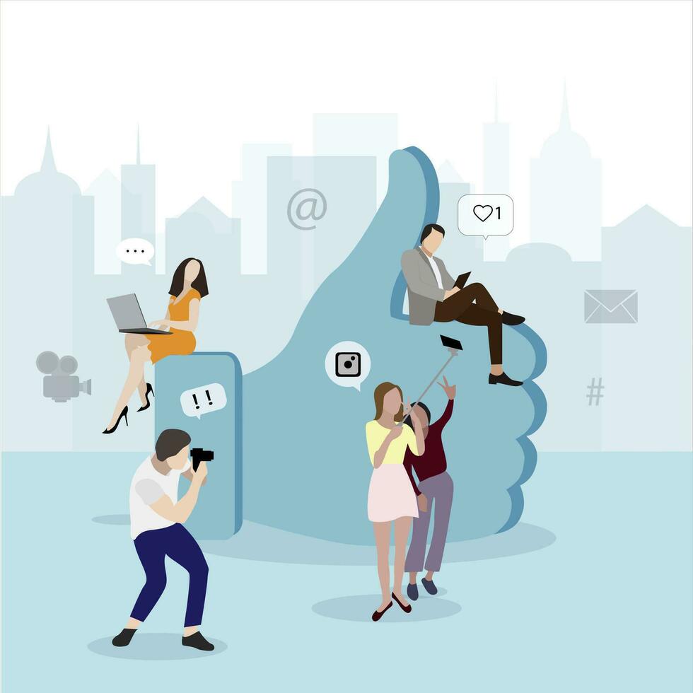 Social media network concept. Symbol like and people. Illustration of social media network, online community, like and messenger, thumb up like button message vector