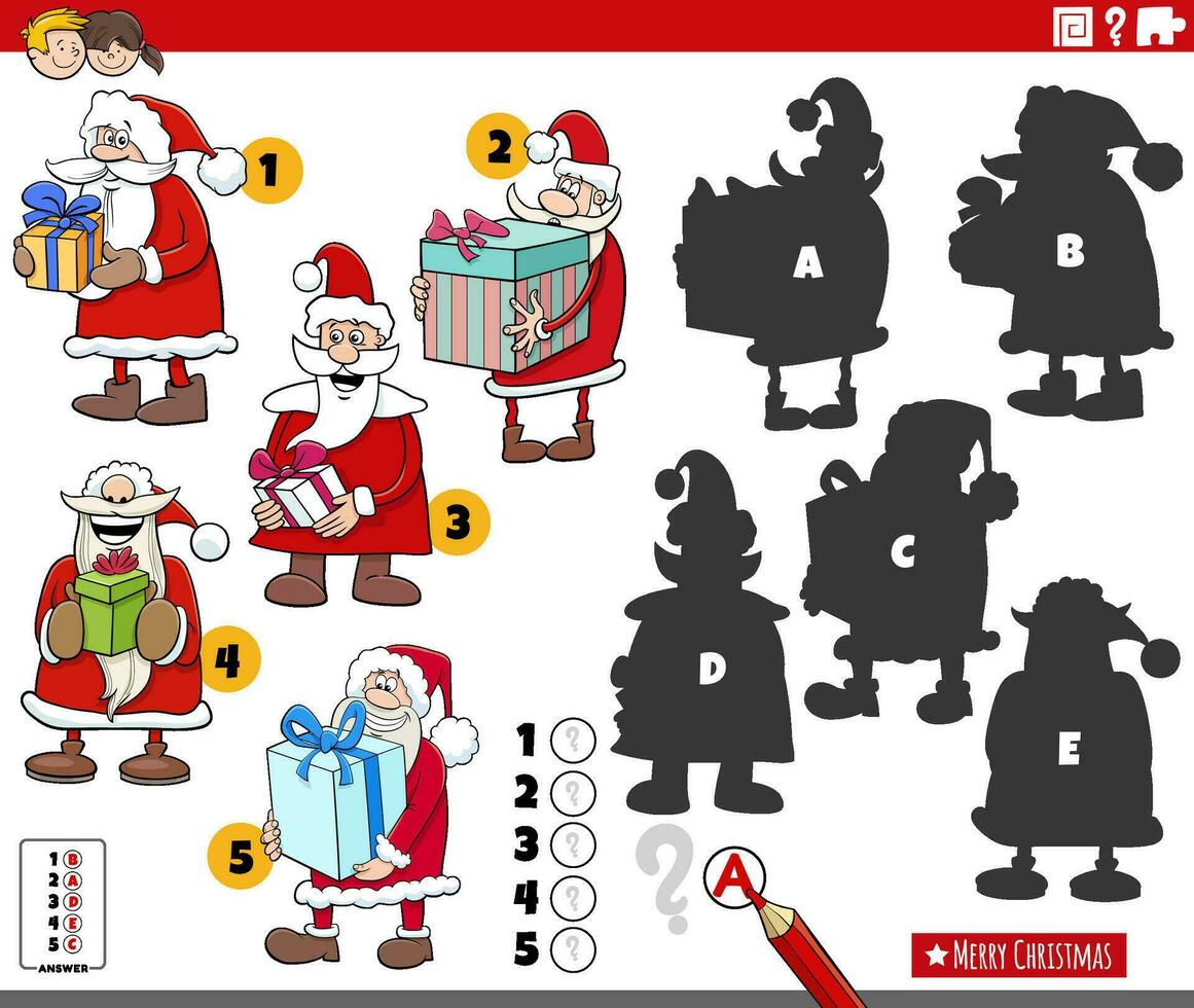 matching shadows game with cartoon Santa Clauses vector