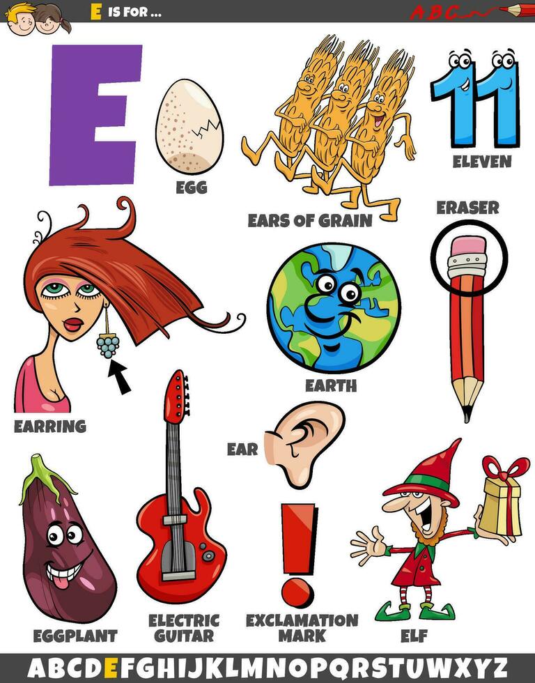 Letter E set with cartoon objects and characters vector