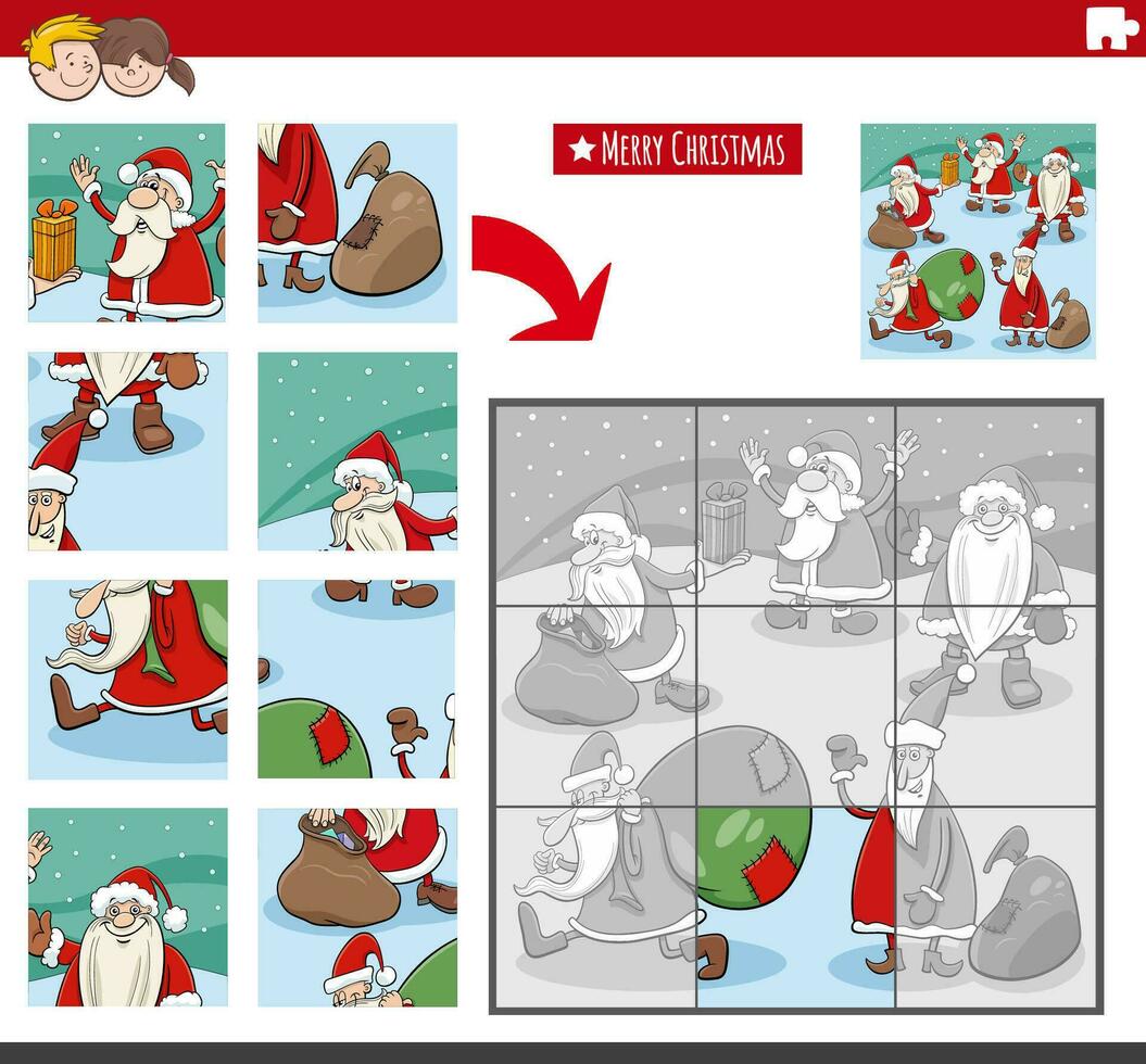 jigsaw puzzle activity with Santa Clauses on Christmas vector