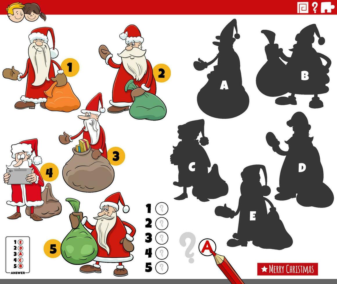 matching shadows game with cartoon Santa Clauses vector