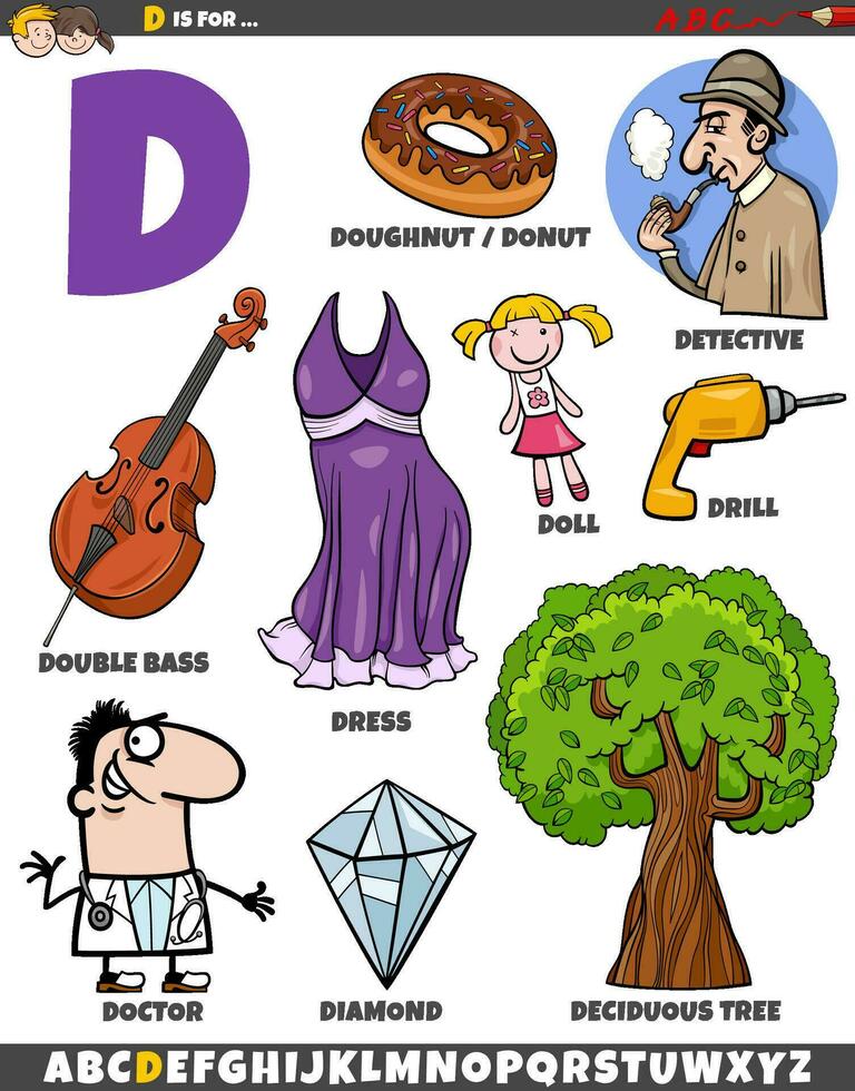Letter D set with cartoon objects and characters vector