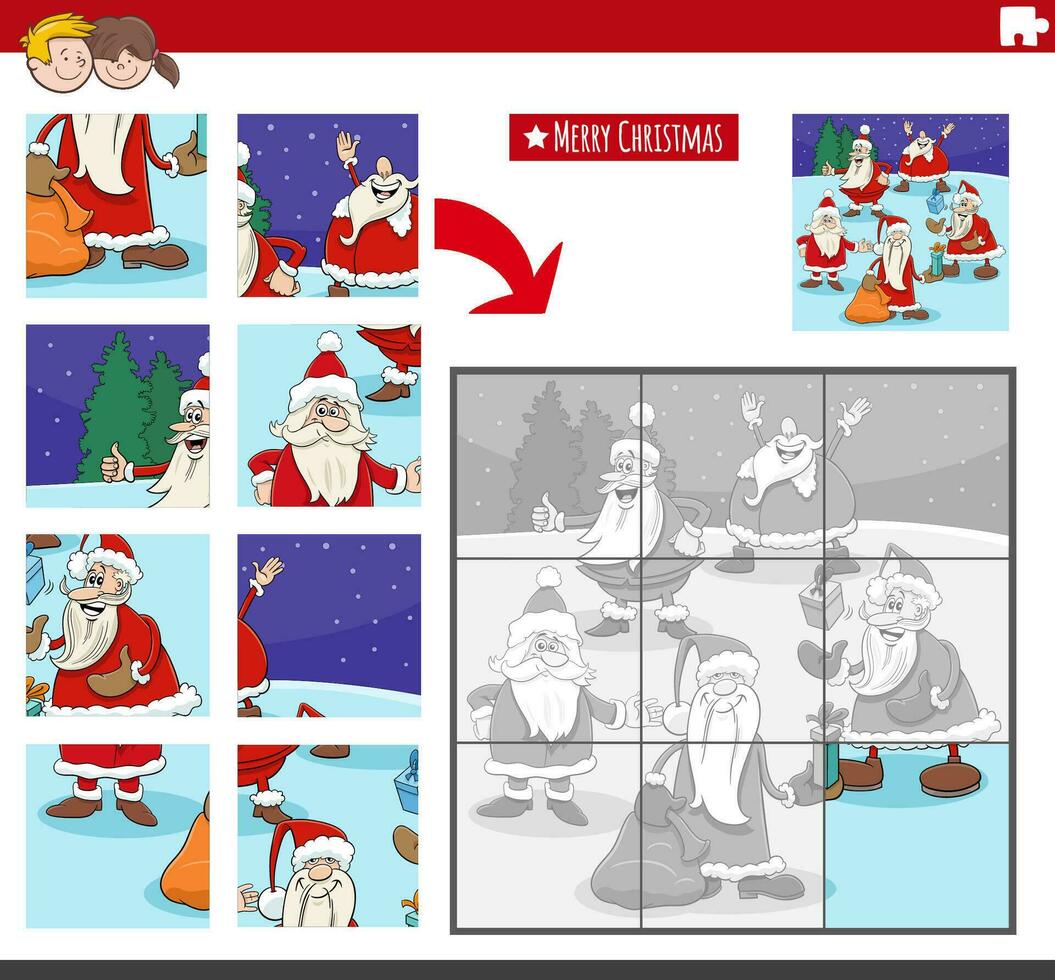 jigsaw puzzle activity with Santa Clauses on Christmas time vector