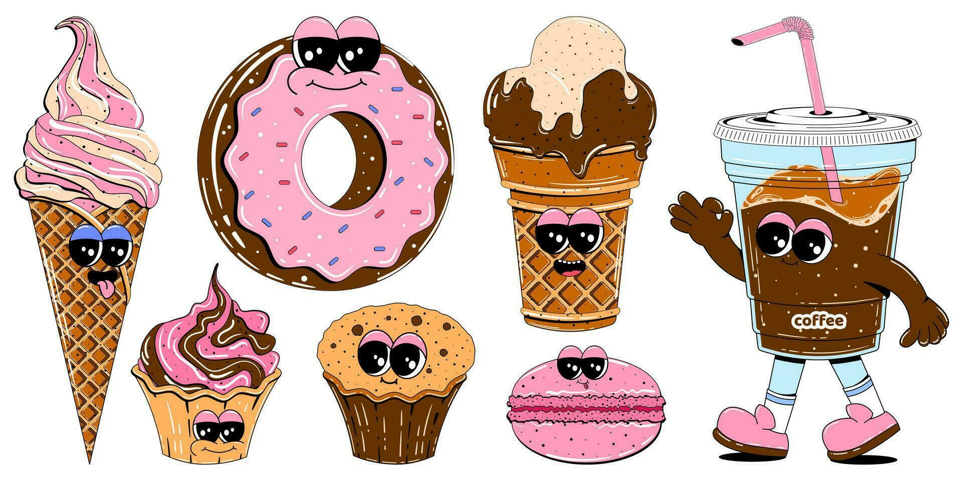 linda dulces caracteres en retro dibujos animados estilo. vistoso conjunto de mascotas de rosquilla, café, hielo crema, pastel, magdalena y otro dulces vector ilustración en aislado blanco antecedentes.