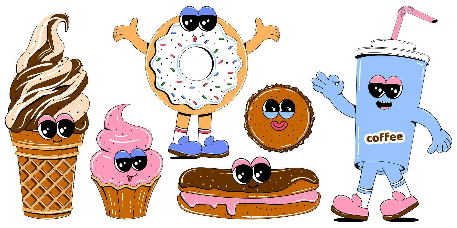 Cute sweets characters in retro cartoon style. Colorful set of mascots of donut, coffee, ice cream, cake, cupcake and other sweets. Vector illustration on isolated white background.