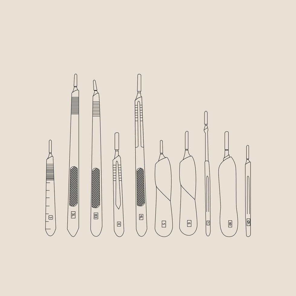 Set of Surgical Scalpel Handle in One Line vector