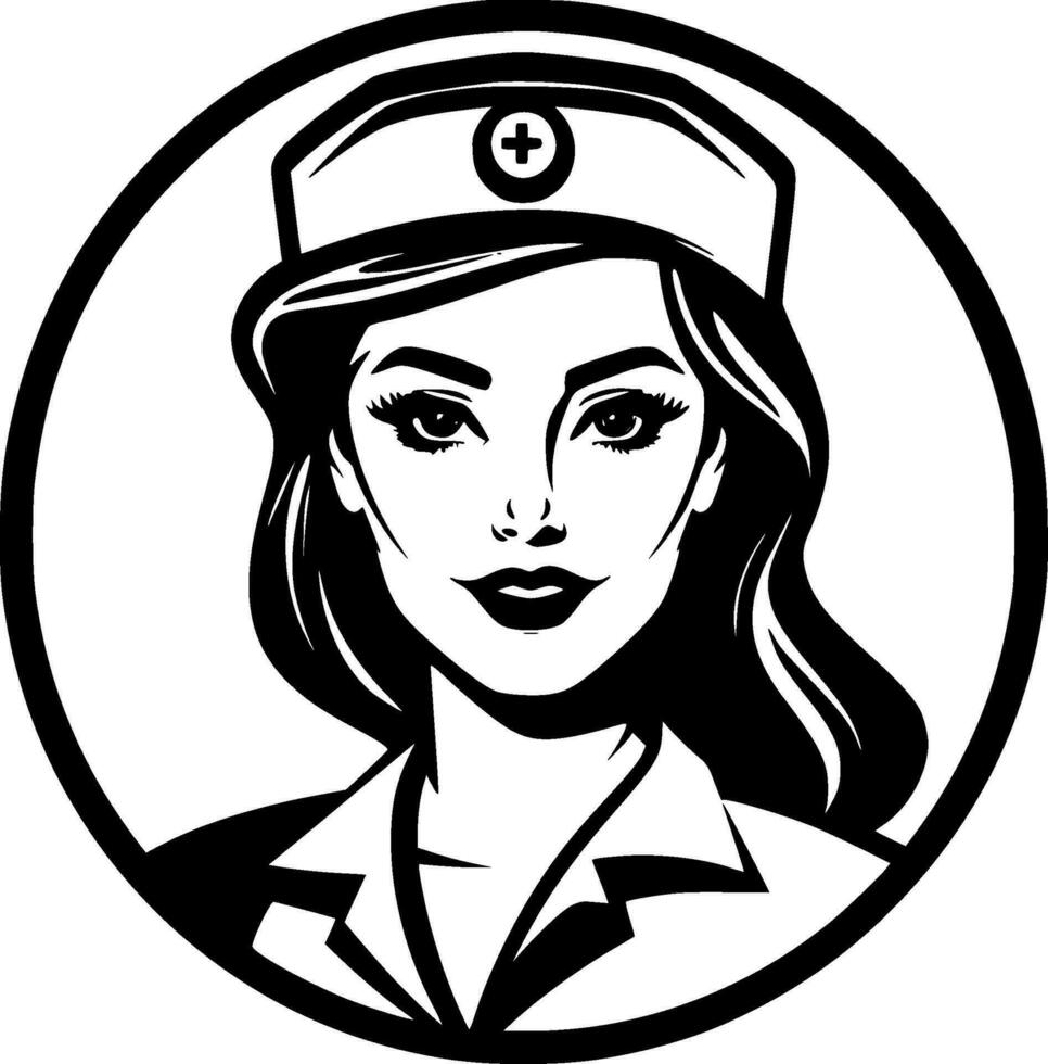 Nurse, Black and White Vector illustration