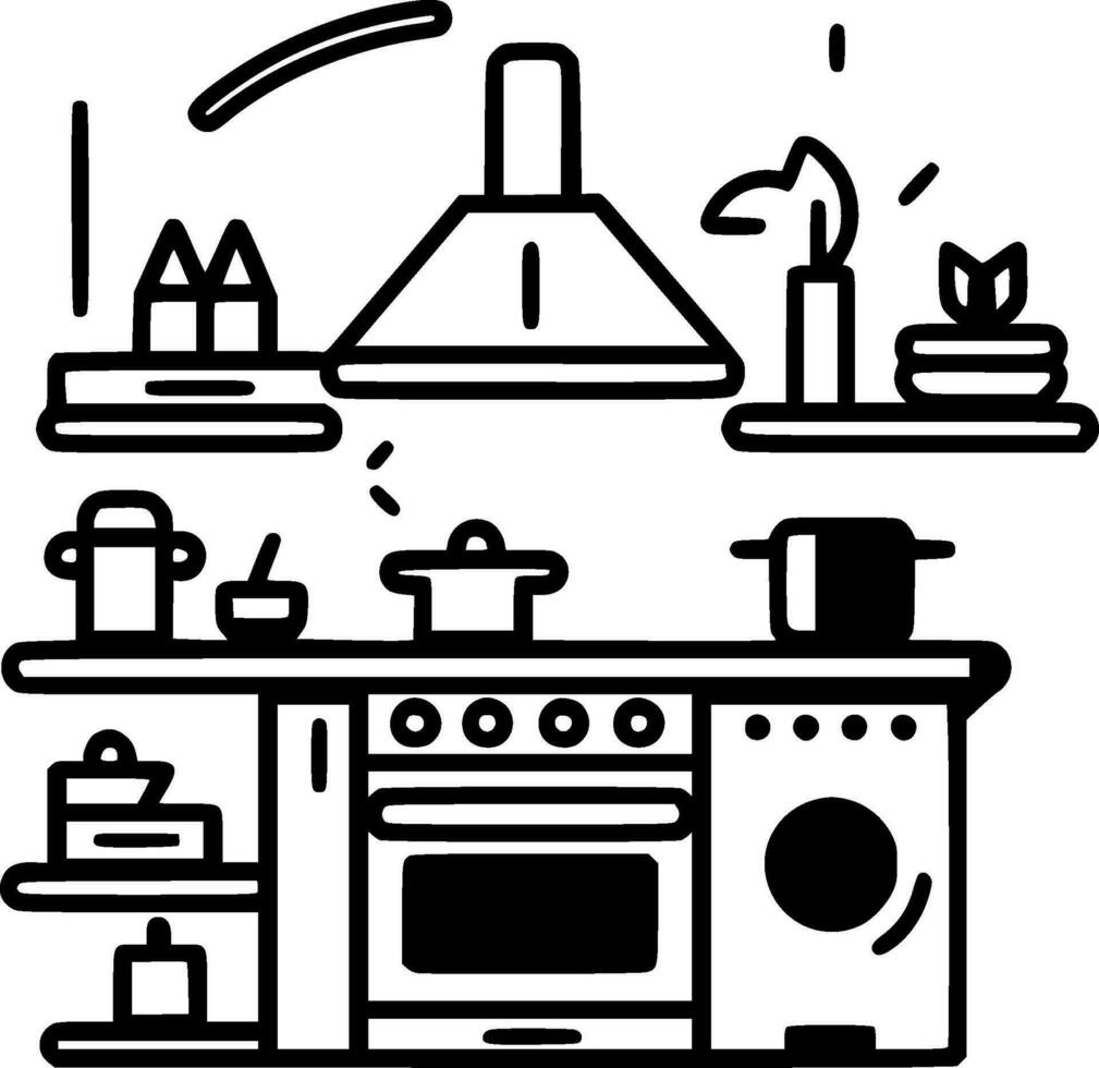 Kitchen, Black and White Vector illustration