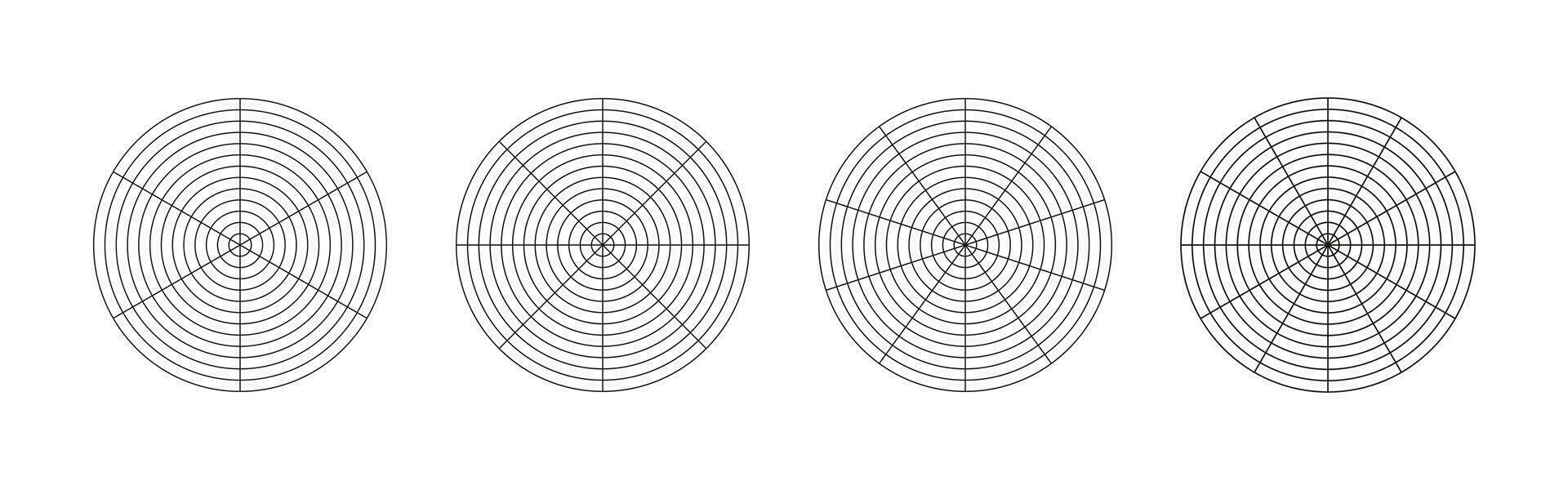 Wheel of life template. Set of coaching tool for visualizing all areas of life. Polar grid with segments, concentric circles. Circle diagrams of life style balance. Blank of polar graph paper. Vector. vector